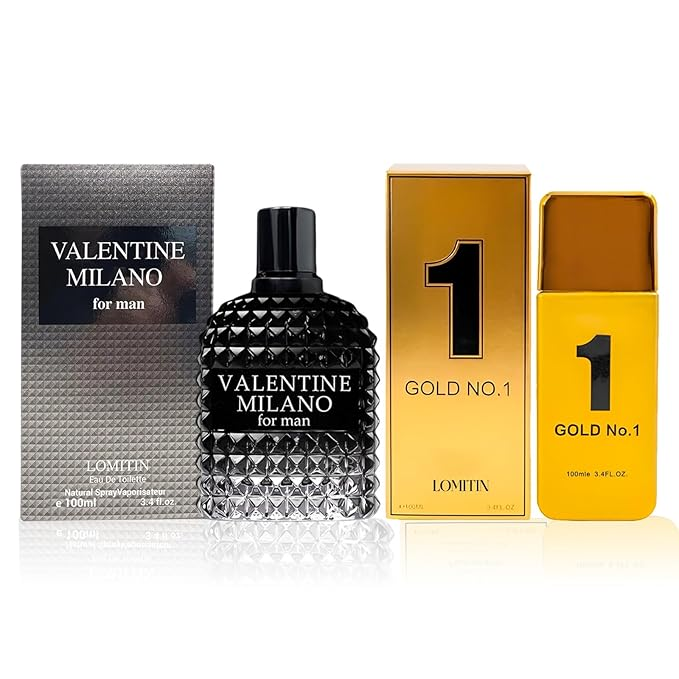 Valentine Milano Cologne for Men (EDP) & Gold No. 1 Fragrance for Men, (EDT), Wonderful Gift, Masculine Scent for All Skin Types, 3.4 Fl Oz Each (Pack of 2)