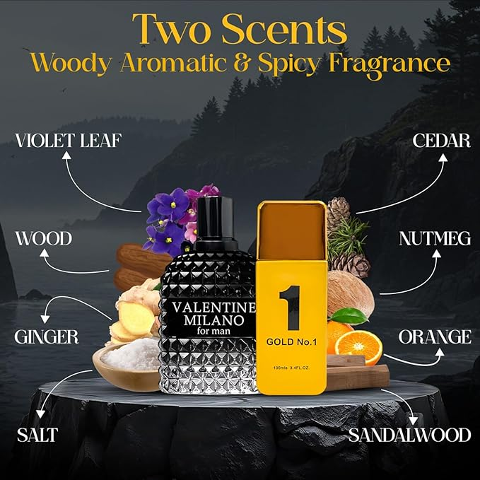 Valentine Milano Cologne for Men (EDP) & Gold No. 1 Fragrance for Men, (EDT), Wonderful Gift, Masculine Scent for All Skin Types, 3.4 Fl Oz Each (Pack of 2)