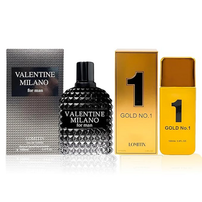 Valentine Milano Cologne for Men (EDP) & Gold No. 1 Fragrance for Men, (EDT), Wonderful Gift, Masculine Scent for All Skin Types, 3.4 Fl Oz Each (Pack of 2)